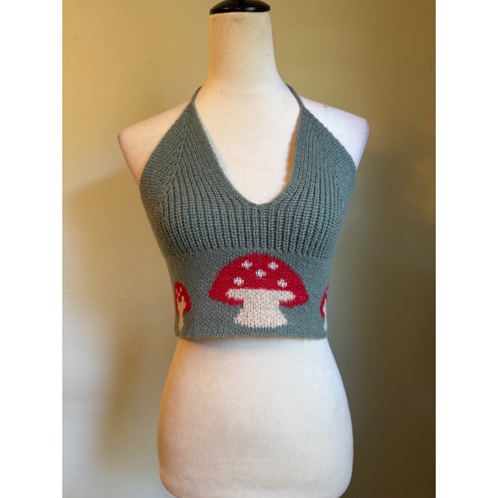 Green Mushroom Knit Halter Crop Top Cottagecore Shirt Small boho whimsigoth y2k